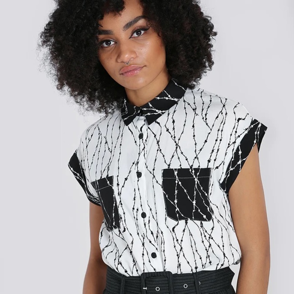 black and white barbed wire pattern button up